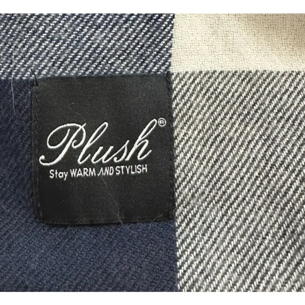 Plush Womens Blanket Scarf White Blue Plaid 27